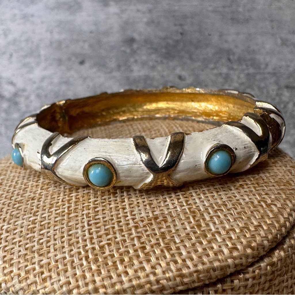 Vintage Pauline Rader White Turquoise And Gold Hinged Bangle Bracelet